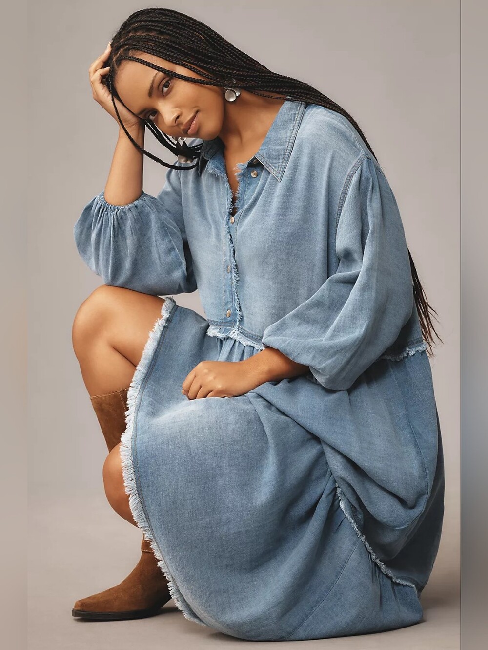Anthropologie 100% Cotton Chambray Tiered Maxi Dress in Light Blue Size L - Picture 5 of 11